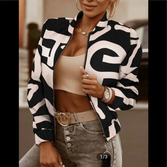Letter print long sleeve zip up jacket. - Picture 1 of 6
